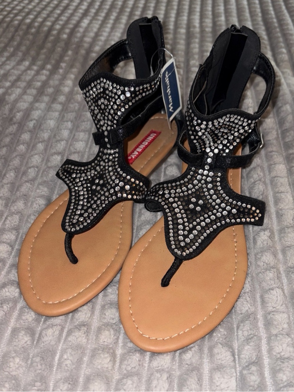 UNIONBAY Black Jeweled Gladiator Sandals with Tan Footbed
